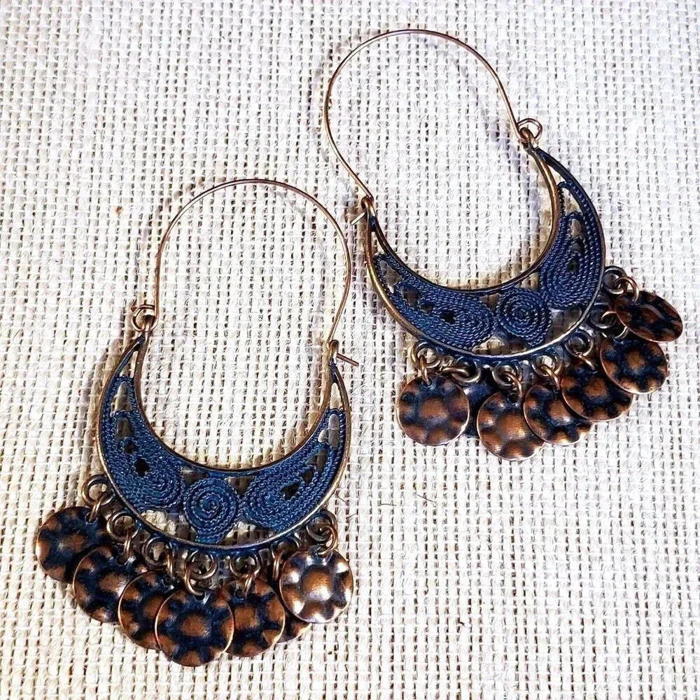 Antique Copper Verdigris Blue Green Patina Filigrees Hammered Drops Earrings